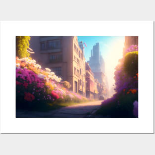 City street with beautiful flowers Posters and Art